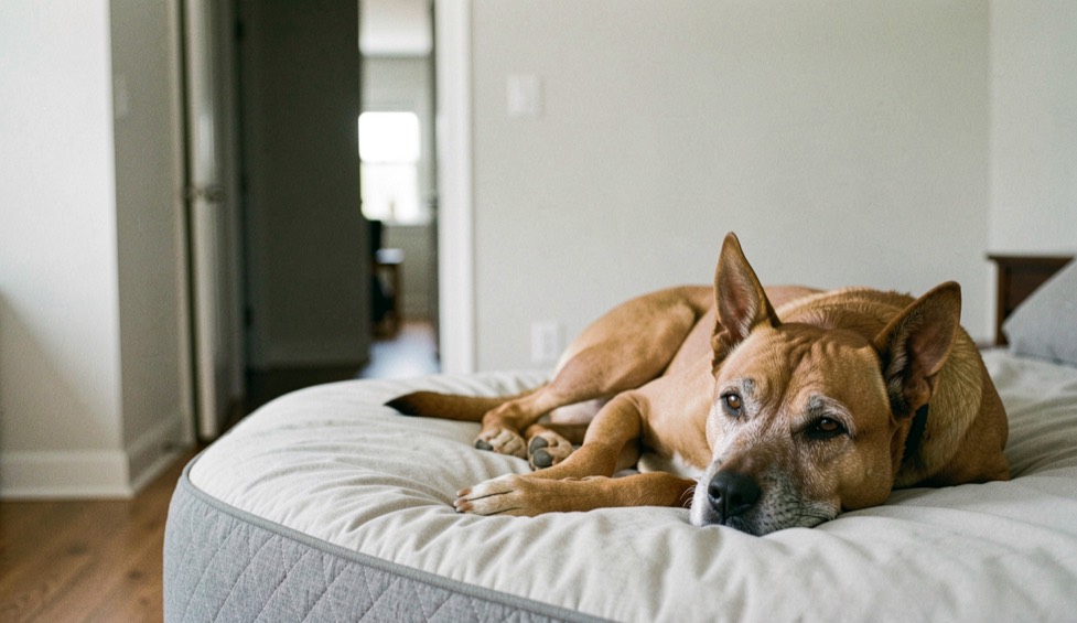 A middle aged tan dog with a graying muzzle lies on a new bed in a nearly empty living room, ears half raised toward an unfamiliar hallway