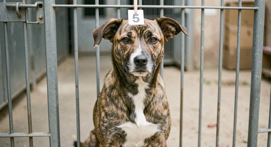 A brindle mixed breed dog with a wide chest and one torn ear sits calmly at a kennel gate, a numbered card clipped to the wire above its head