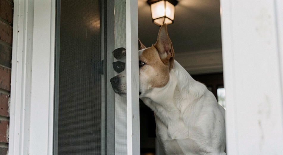 A stocky white and tan terrier type dog with upright ears watches from behind a screen door, nose pressed to the mesh, a bare porch light above