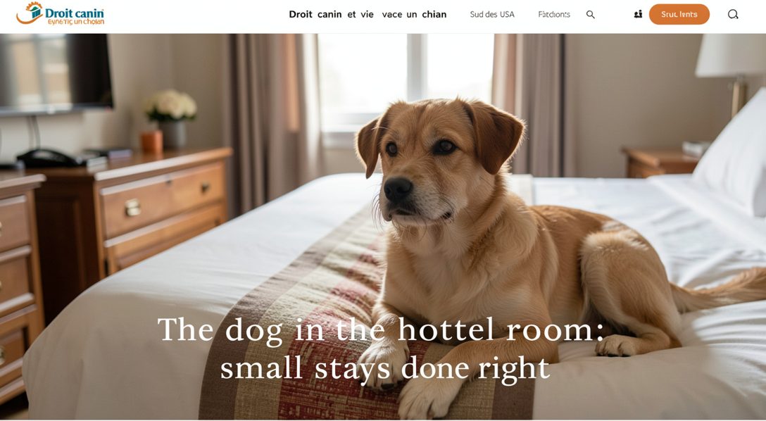 A small brown dog lies on a folded travel blanket at the foot of a hotel bed beside a water bowl and a room key on the nightstand