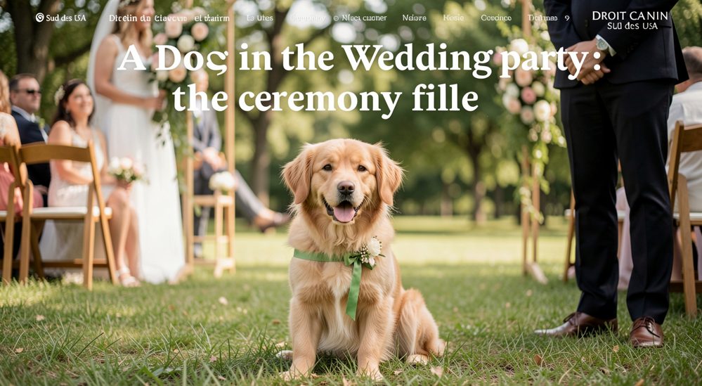 A well groomed cream colored dog wearing a plain ribbon collar sits on grass beside white folding chairs set for an outdoor ceremony