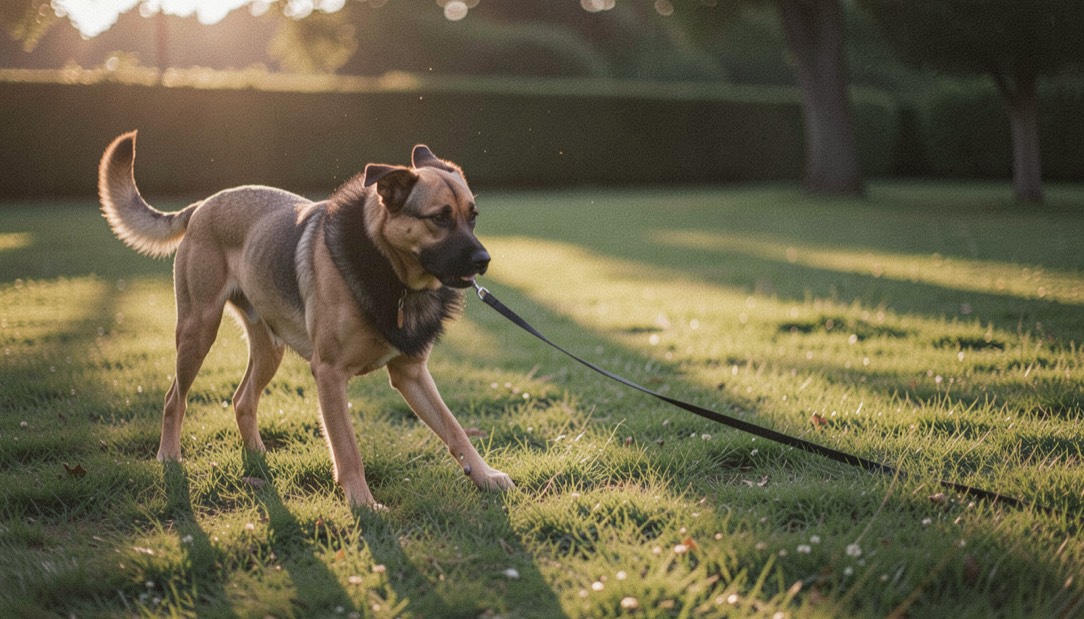 A sable coated dog with a black mask and a thick neck ruff works a short recall on a shaded lawn just after sunrise, a long line trailing in the grass