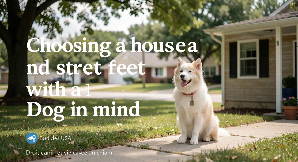 A speckled dog stands at an open wooden gate looking along a quiet residential street with porches and a chain link fence