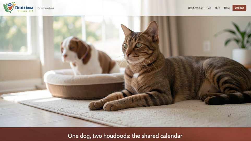 A dog sits between two identical food bowls on a hallway floor beside two sets of house keys and a shared paper calendar
