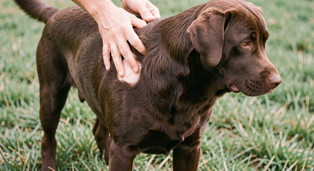 A broad chested chocolate coated dog with a glossy coat stands on grass while a hand parts the fur between its shoulder blades down to pale skin
