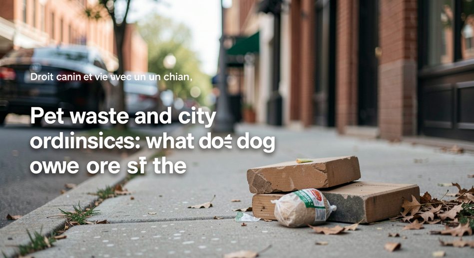 A medium sized tan dog stands on a city sidewalk beside a wrought iron fence while a hand holds a small plastic bag near a waste basket