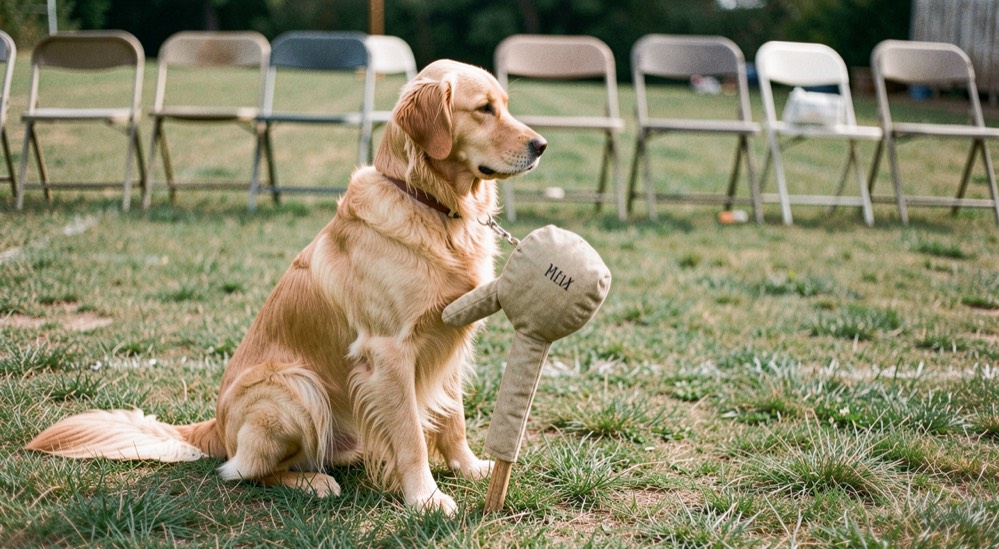 A folding table at an indoor dog show, entry forms and a printed premium list weighted by a coffee cup under fluorescent lights, a crate and grooming bag blurred behind, shot at eye level from a few feet away.