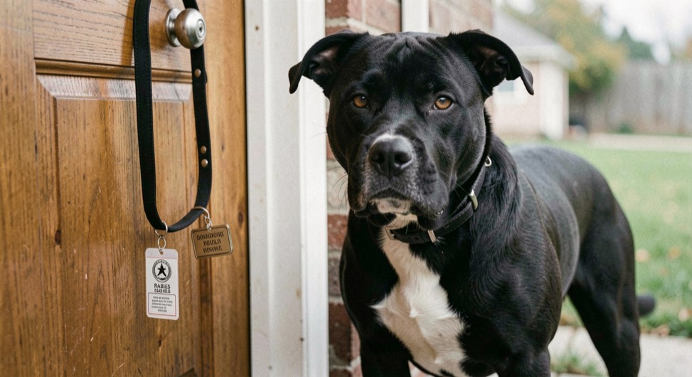 A stocky black dog with a white chest patch waits at a back door beside a hanging collar carrying a rabies tag and an engraved name plate