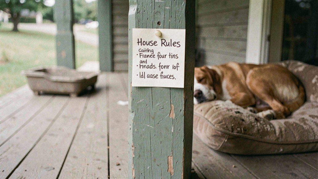 A hand lettered house rules card tacked to a painted porch post above a worn dog bed on wide floorboards