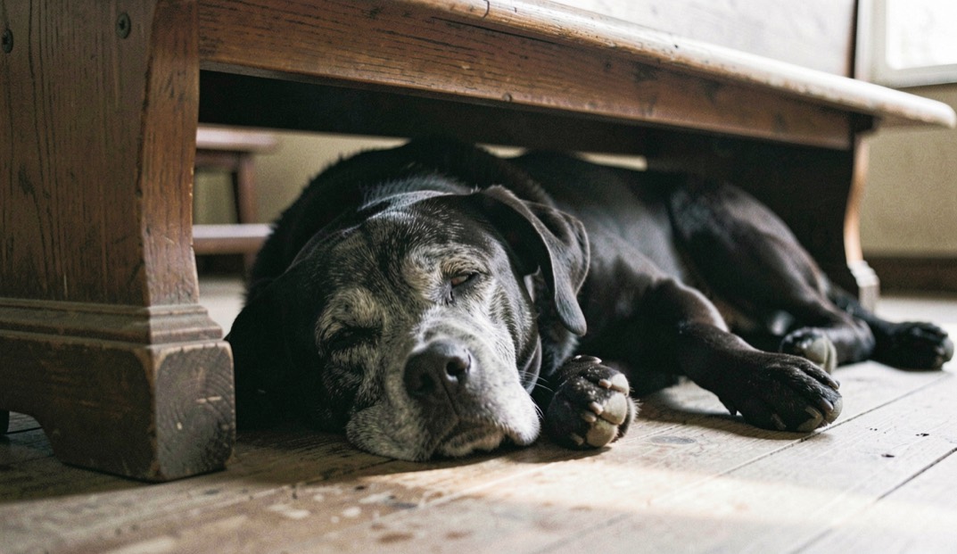 An old gray muzzled black labrador type dog sleeps beneath a courthouse bench, one ear folded back, worn floorboards catching the light