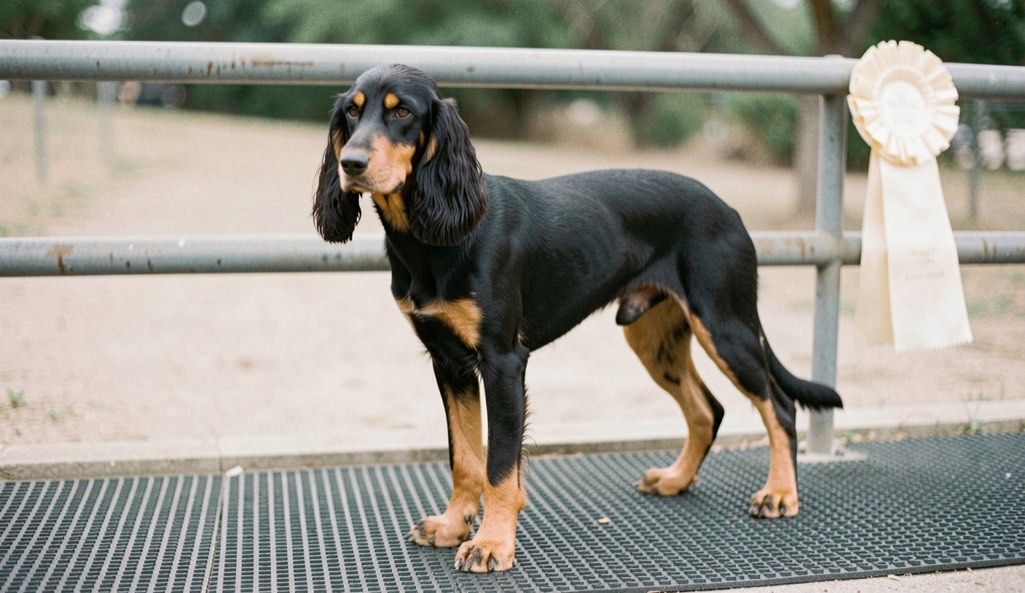 A slender black and tan hound with very long ears stands squarely on a strip of rubber matting, a plain ribbon rosette pinned to the rail behind